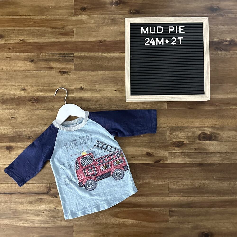 Mud Pie Blue Navy Red Firetruck Applique Raglan Cotton Knit Tee Top Boy 24M/2T